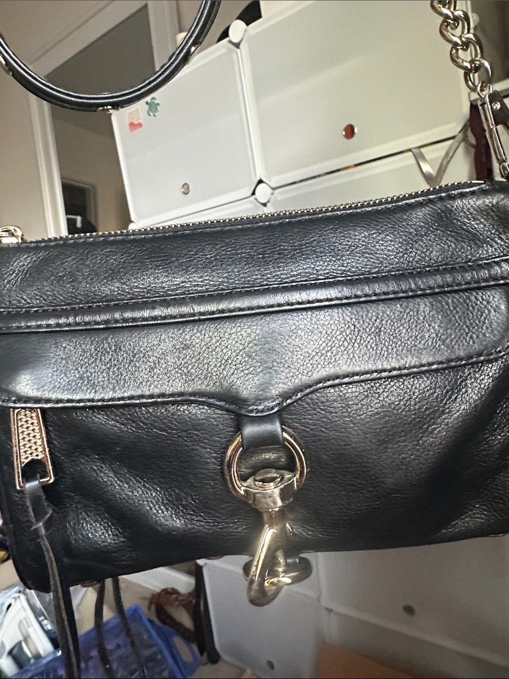 Rebecca Minkoff Mini M.A.C. Black Leather Crossbody Bag Gold Chain Clutch